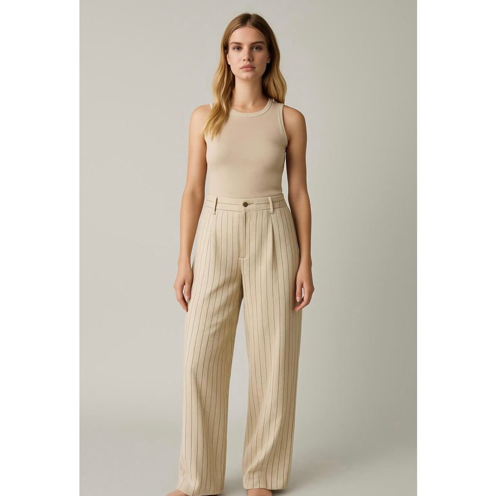 Women's A New Day Beige Black Pinstripe Wide Leg Linen Pants Sz 10 Scandinavian‎